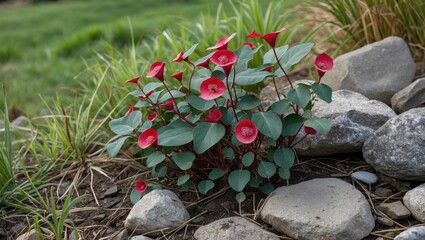 Aufkleber - Red flowering plant surrounded by rocks with green grass in the background during daylight in a natural outdoor setting