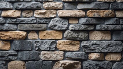 Poster - Textured natural stone wall with a mixture of black and beige stones arranged in a pattern suitable for background or design use.
