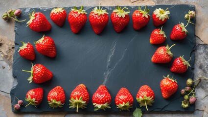 Aufkleber - Fresh ripe strawberries arranged in a decorative circular pattern on a textured dark slate background