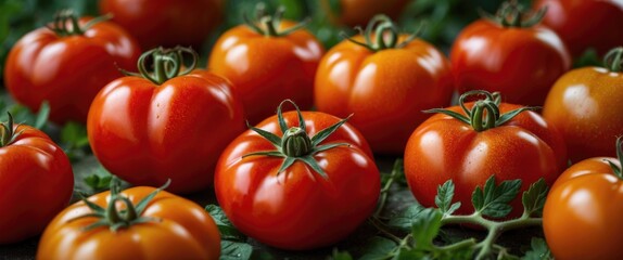 Aufkleber - Fresh ripe tomatoes arranged on a surface with green leaves and stems visible in a rustic kitchen setting