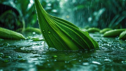 Aufkleber - Close-up of large green leaf on water surface with rain droplets in lush tropical setting
