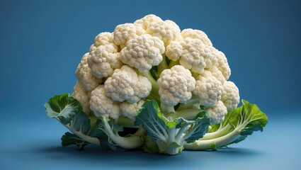 Poster - Fresh cauliflower with green leaves set against a blue background highlighting its texture and shape in a studio setting.