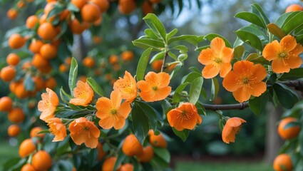 Poster - Orange flowers and fruits on the branches of a flowering tree in a natural garden setting during spring season.