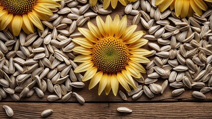 Poster - Sunflowers with seeds on wooden surface, close-up view, natural texture and colors, organic farming concept, healthy eating background.