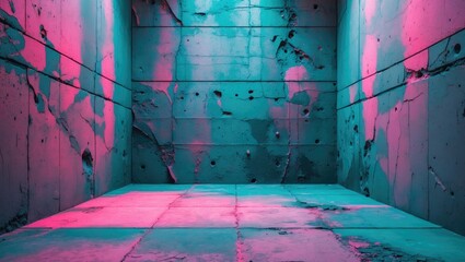 Poster - neon-lit abstract concrete wall interior with textured surfaces and vibrant hues creating a modern, 