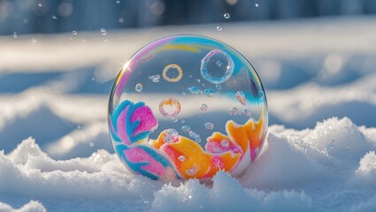 Aufkleber - Colorful soap bubble with floral patterns resting on snow surface surrounded by small bubbles and bright sunlight reflecting off its surface