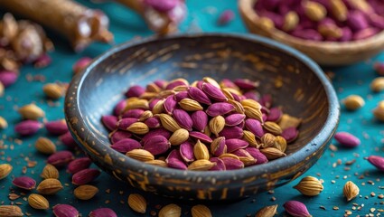 Aufkleber - Bowl filled with colorful pistachio nuts on a textured turquoise surface with scattered seeds and nuts in the background