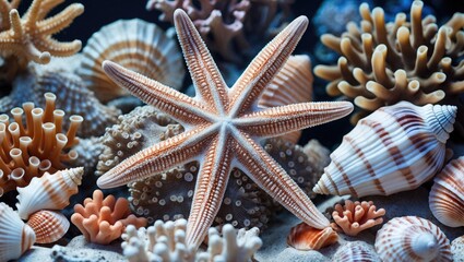 Poster - Underwater scene featuring a starfish among various seashells and coral formations in a marine ecosystem.
