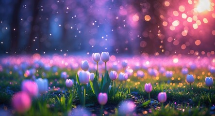 Poster - Colorful tulips in a vibrant field with soft bokeh lights and a dreamy atmosphere during spring time in a natural setting