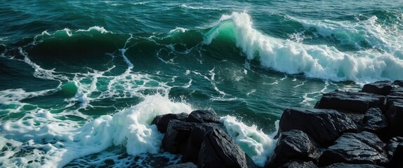 Aufkleber - Waves crashing against rocky shoreline with foam and turquoise water under natural light. Sea and coastal dynamics captured in detail.