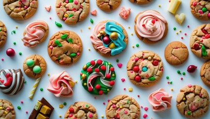 Poster - Colorful assortment of decorated cookies with icing and sprinkles on a white background arranged for a festive display