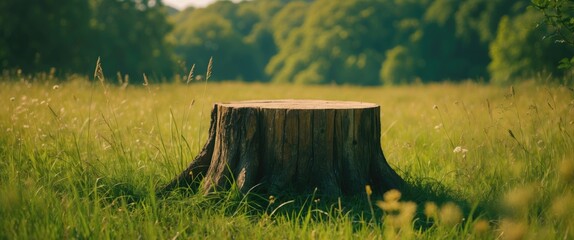 Poster - Tree stump in a grassy field surrounded by lush green foliage during daylight