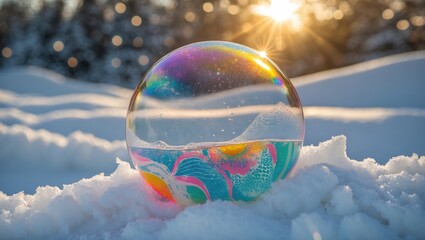 Aufkleber - Colorful soap bubble resting on snow with sunlight and blurred forest background creating a winter atmosphere.