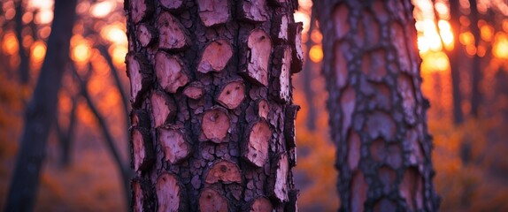 Aufkleber - Close-up of tree bark with textured surface and warm sunset light in a forest setting during autumn season