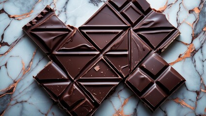 Aufkleber - Dark chocolate bar broken into pieces on a marble background with smooth texture and rich color contrast