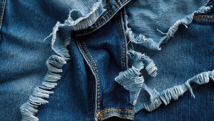 Aufkleber - Frayed denim fabric in various shades of blue showcasing texture and detail of distressed jeans.