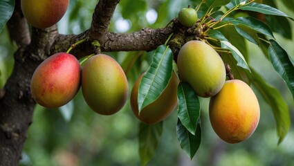Poster - mangoes hanging on a branch of a tree with green leaves in a natural outdoor setting