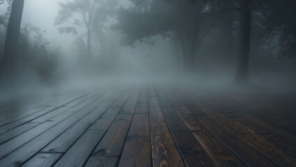 Poster - Misty forest landscape with wooden planks in the foreground and blurred trees in the background creating a tranquil atmospheric scene