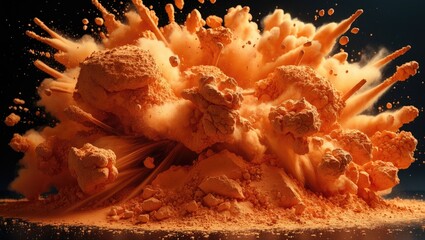 Poster - Vibrant orange powder explosion creating dynamic and dramatic visual effects against a dark backdrop showcasing energy and motion.