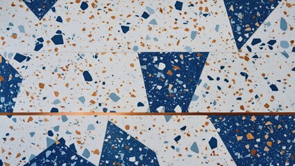 Aufkleber - Geometric terrazzo flooring with blue, orange, and white color fragments creating a modern aesthetic texture.