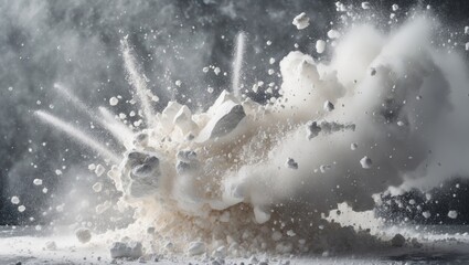 Poster - Dynamic white powder explosion creating an abstract splatter effect against a dark background depicting high-energy motion and texture.