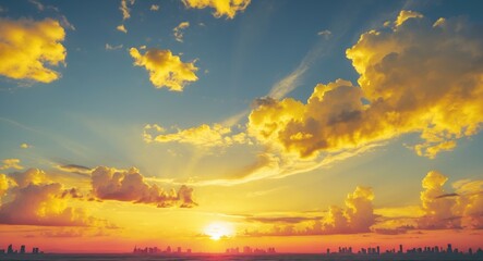 Aufkleber - Vibrant sunset over a city skyline with dramatic clouds and golden light illuminating the sky and horizon