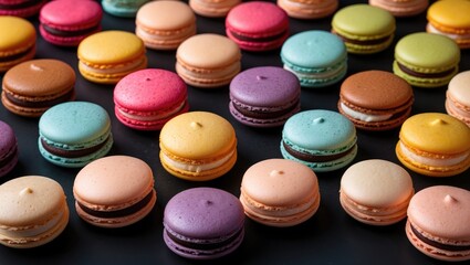 Poster - Colorful assortment of macarons on a dark surface showcasing diverse flavors and textures in a visually appealing arrangement