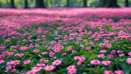 Poster - vibrant pink flowers covering a lush green field with blurred trees in the background during daytime in a natural outdoor setting