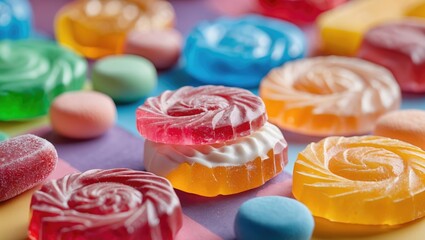 Poster - Colorful assorted candies in various shapes and textures on a pastel surface with focus on lollipops and gummies.