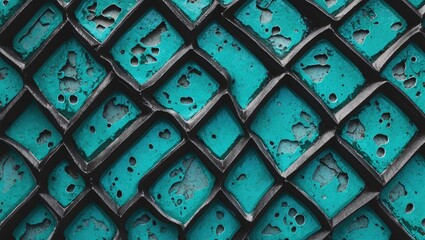 Aufkleber - Textured surface of weathered blue-green tiles arranged in a diamond pattern with visible wear and imperfections on a dark background