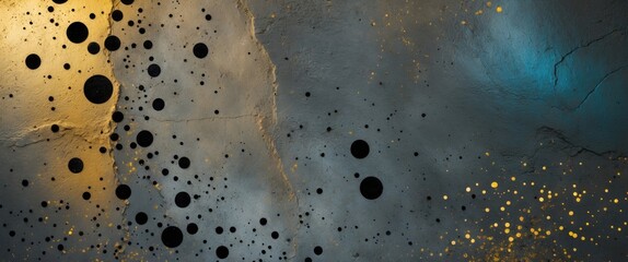 Aufkleber - Abstract textured background with black circles and golden spots on a gradient blue and gray surface.