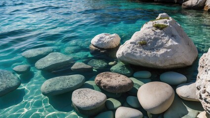 Aufkleber - Clear turquoise water with smooth stones and rocks submerged in a tranquil seascape at the shoreline.