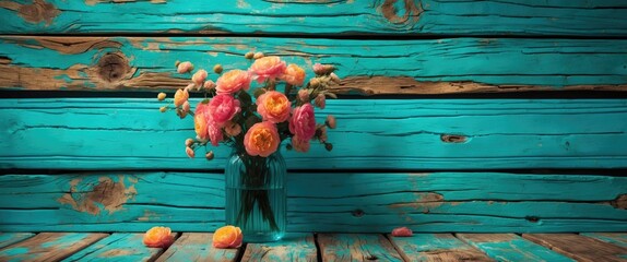 Poster - Bouquet of colorful flowers in a glass vase on a rustic turquoise wooden background with weathered texture and scattered petals
