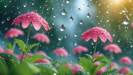 Poster - Pink flowers with raindrops on petals in a garden setting during a rainy day with a soft focus background and natural light.