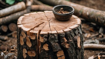 Poster - Wooden tree stump with cracks and a small bowl of spices placed on top, surrounded by logs in a natural outdoor setting.