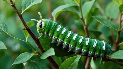 Poster - Close-up of a bright green caterpillar on a branch surrounded by green leaves in a natural setting