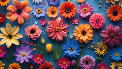 Poster - colorful arrangement of various flower types with vibrant petals and green leaves on blue background
