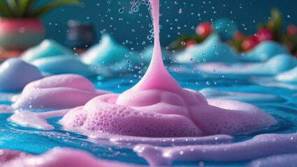 Leinwandbilder - Colorful foam bubbles emerging from water surface in vibrant blue and pink tones with background elements of plant and decor