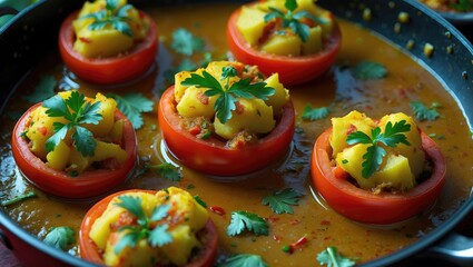 Aufkleber - Stuffed tomatoes with potato filling in a vibrant curry sauce garnished with fresh cilantro in a skillet setting