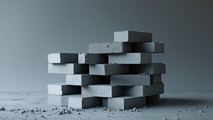 Aufkleber - Stacked gray concrete bricks on a textured surface with debris and shadows creating a minimalist industrial composition.
