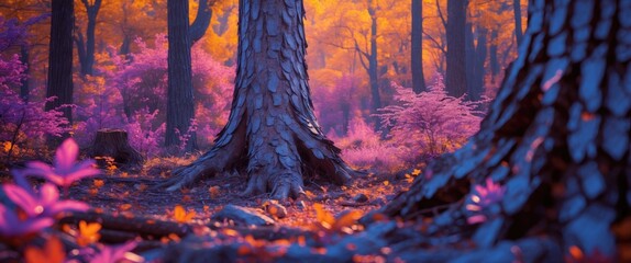 Poster - Vibrant autumn forest landscape with colorful foliage and unique tree bark textures in purple and orange hues