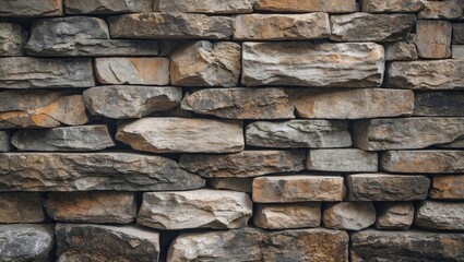 Poster - Textured stone wall organized in layered pattern with various shades of gray and brown, suitable for architectural backgrounds or design elements