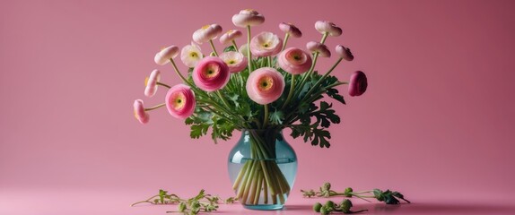 Poster - Pink and white ranunculus flowers in a turquoise vase on a pink background with green foliage scattered around