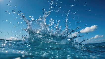 Aufkleber - Water splash on the surface of a clear blue ocean under a bright sky with scattered clouds and sunlight reflections