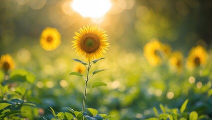 Poster - Sunflower in a field with sunlight filtering through, blurred background with multiple sunflowers creating a soft bokeh effect.