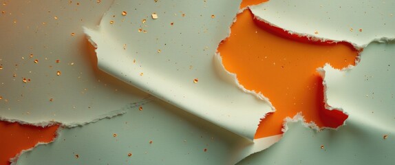Poster - Colorful abstract textured surface with torn layers of blue and orange paper with golden speckles in a creative art background.