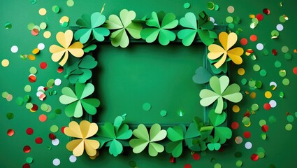 Poster - Green background with a decorative paper shamrock wreath and colorful confetti arranged around a blank frame for festive events