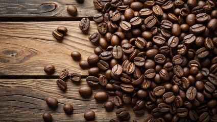 Aufkleber - Close-up view of roasted coffee beans scattered on rustic wooden background