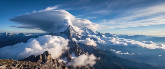 Poster - Aerial view of snow-capped mountains under dramatic cloud formations and clear blue sky with layers of clouds in the foreground