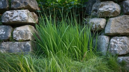 Poster - Lush green grass growing between weathered stone walls in a natural outdoor setting with vibrant foliage